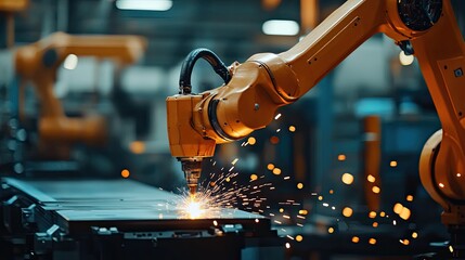 Poster - An industrial robot arm swiftly moves, welding components with accuracy and speed, representing innovation in manufacturing