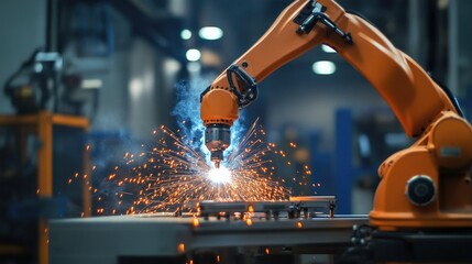 Poster - An industrial robot arm swiftly moves, welding components with accuracy and speed, representing innovation in manufacturing