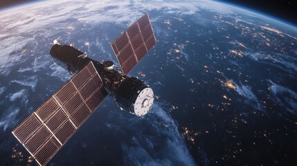 Close-up of a satellite orbiting Earth, with solar panels extended, and the planet's atmosphere in the background