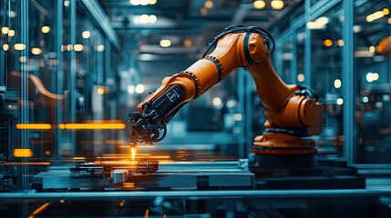 Poster - Dynamic shot of an industrial robot arm in motion, handling materials with precision in a high-tech manufacturing environment