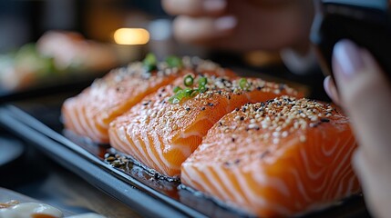 Wall Mural - Food photography concept: Woman snapping a photo of a salmon steak with her smartphone, ready for social media sharing.