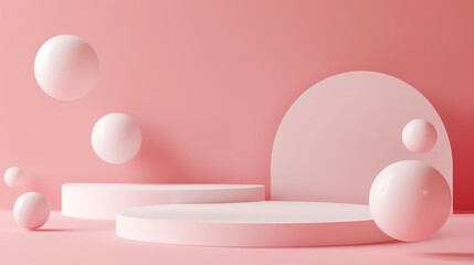 Poster - Simple arrangement of floating spheres and circular shapes set against a light pink background, creating a serene and modern aesthetic