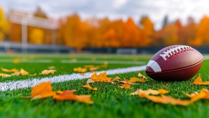 A close-up shot of an American football on the field, with a blurred background