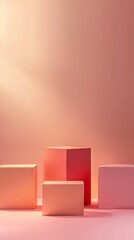 Poster - Three cube podiums of varying sizes are arranged harmoniously against a soft pink background with gentle lighting