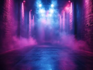 ethereal stage ambiance empty performance space bathed in mesmerizing blue and purple light fog swirls across dark floor creating mystical atmosphere for upcoming show