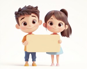 Cute 3D cartoon kids holding a blank sign, perfect for messages, announcements, or educational purposes.