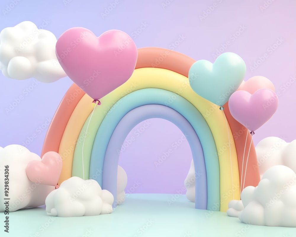 Whimsical pastel rainbow arch with heart balloons and fluffy clouds ...