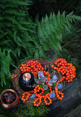 magic black candle, crystals, witch cauldron, amulet, rowan tree berries in forest. Magic, Witchcraft, protective rowanberry practice. Wiccan spiritual esoteric ritual for Mabon holiday. top view