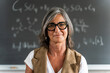 © EFStock - Mature female professor standing at college classroom looking at camera. Elegant School woman teacher