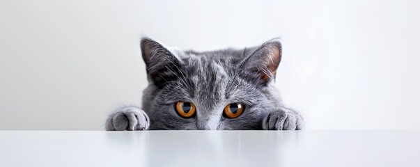 Grey Cat Peeking Over a White Surface with Curious Yellow Eyes