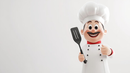 Poster - 3D cheerful chef holding a spatula on a bright white background