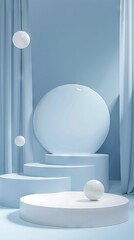 Poster - Soft blue background enhances minimalist stage design with floating spheres and geometric shapes for an artistic showcase