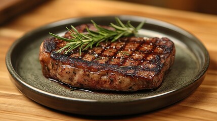 Wall Mural - Elegant ribeye steak served on a rustic plate, garnished with rosemary, showcasing a gourmet meal presentation.