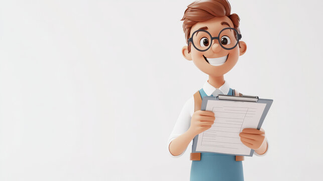 3D cheerful sociologist with survey forms on a bright white background