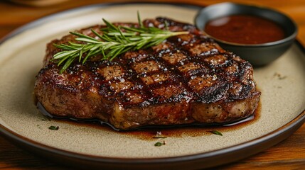 Wall Mural - Rustic plate featuring an elegant ribeye steak with a rosemary garnish, highlighting a sophisticated dining experience.