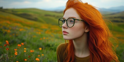 Poster - Red-haired woman in field of flowers