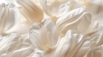Poster - Soft white tulip petals arranged beautifully, showcasing intricate textures and delicate details in natural lighting