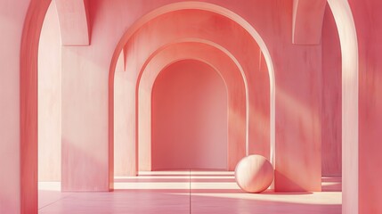 Poster - A serene interior showcases pastel pink arches and a small ball resting on a smooth floor, illuminated by gentle light