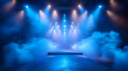 Wall Mural - A stage illuminated with blue lights and fog for performances.