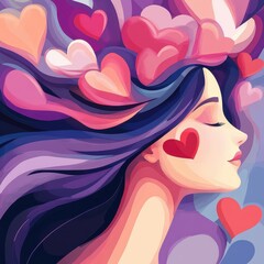 Canvas Print - Celebrate love with a vibrant vector portrait in shades of purple, pink, and red, perfect for Valentines Day.