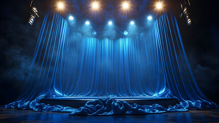 Wall Mural - A stage with blue curtains and dramatic lighting for performances.