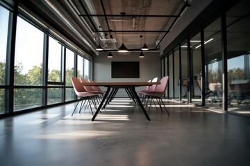 A modern, minimalist conference room with a long table and chairs