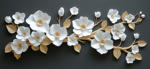 Wall Mural - White flowers with golden leaves on black background. White and golden and black luxury 3d floral background