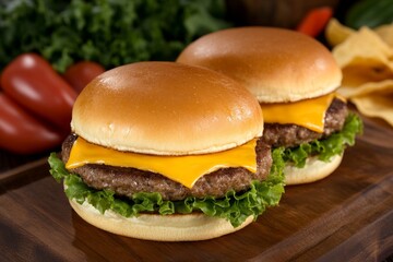 juicy beef burgers on seedless buns, adorned with melted cheddar cheese