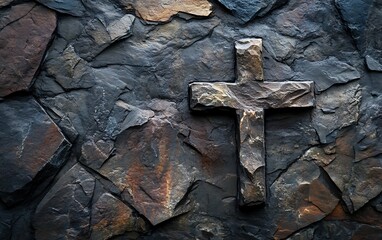 Stone cross carved into a dark rocky wall.