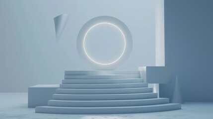 Poster - A serene light blue stage features a circular light element and modern geometric structures against a calm backdrop, perfect for showcasing artistic performances