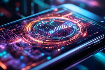 Poster - Futuristic smartphone displaying vibrant digital interface with glowing patterns and data visualization elements.