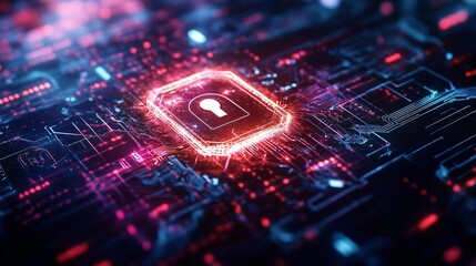 Poster - High-tech cyber security concept featuring a glowing padlock amidst a digital circuit board design, symbolizing data protection.