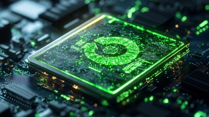 Poster - A close-up view of a green circuit board with a glowing processor, symbolizing technology and innovation in the digital world.