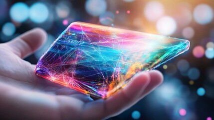 Poster - A futuristic phone held in a hand, showcasing vibrant colors and digital patterns against a blurred background of lights.