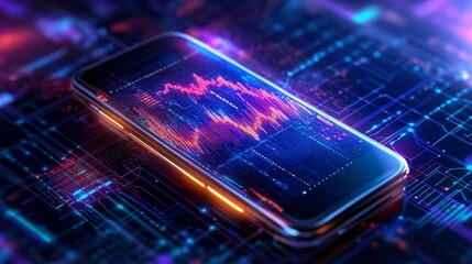 Poster - A modern smartphone displaying digital data analytics on a vibrant, high-tech background, ideal for tech and finance themes.