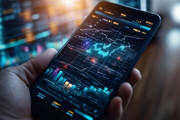 Poster - A person holds a smartphone displaying stock market data, showcasing financial trends and analytics on modern technology.