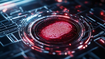 Poster - Close-up of a futuristic biometric fingerprint scanner with a vibrant red glow and intricate circuit design, symbolizing security.