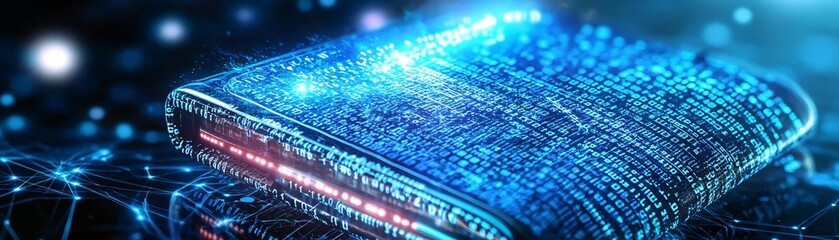 Poster - Futuristic book with glowing digital code, symbolizing advanced technology and knowledge in a high-tech environment.