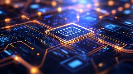Poster - Futuristic circuit board featuring a glowing microchip with intricate pathways, representing technology and innovation.