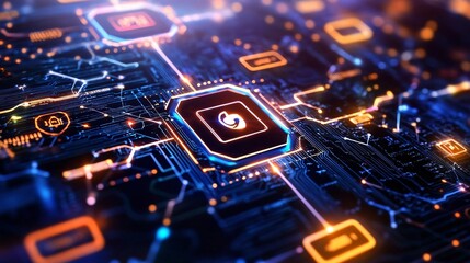Poster - Futuristic digital circuitry background with glowing nodes, showcasing technology and connectivity in modern computer systems.