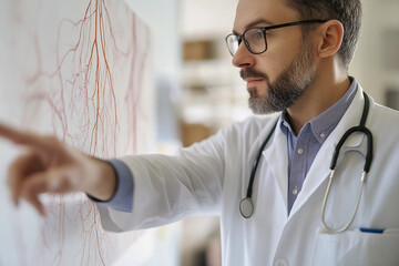 Cardiologist pointing at arteries and veins in a lung model during a routine checkup