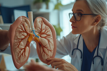 Cardiologist pointing at arteries and veins in a lung model during a routine checkup