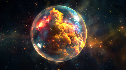 Wall Mural - 3d spectacular cosmic cloud explosion within transparent sphere with black background. nebula and st