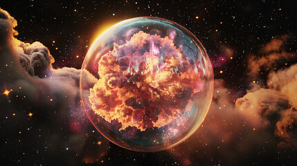 Wall Mural - 3d spectacular cosmic cloud explosion within transparent sphere with black background. nebula and st