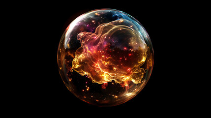 Wall Mural - 3d spectacular cosmic cloud explosion within transparent sphere with black background. nebula and st