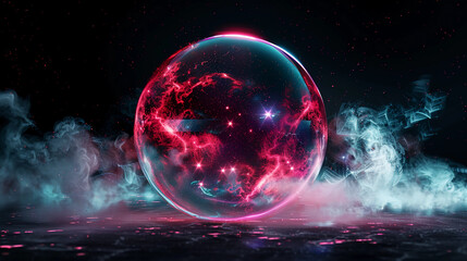 Wall Mural - 3d spectacular cosmic cloud explosion within transparent sphere with black background. nebula and st