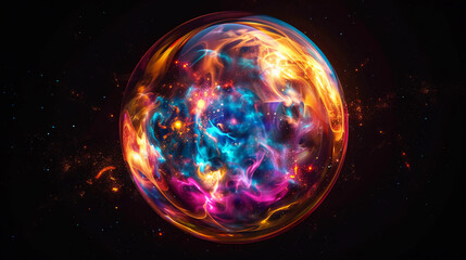 Wall Mural - 3d spectacular cosmic cloud explosion within transparent sphere with black background. nebula and st