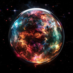 Wall Mural - 3d spectacular cosmic cloud explosion within transparent sphere with black background. nebula and st