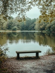 Canvas Print - Wooden Bench by Water's Edge