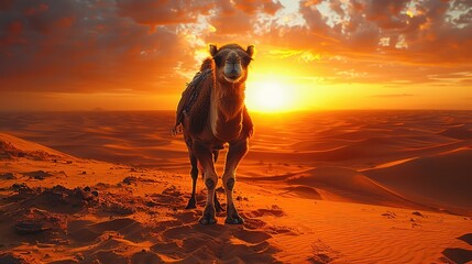 Camel in the desert on a sunny day.